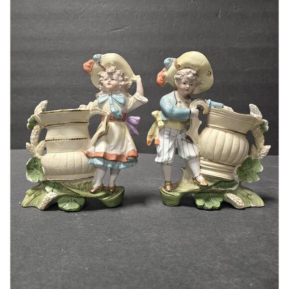 Vintage Bisque Porcelain Boy & Girl Spill Vases Pair Victorian 8835 Figurines - Picture 1 of 11